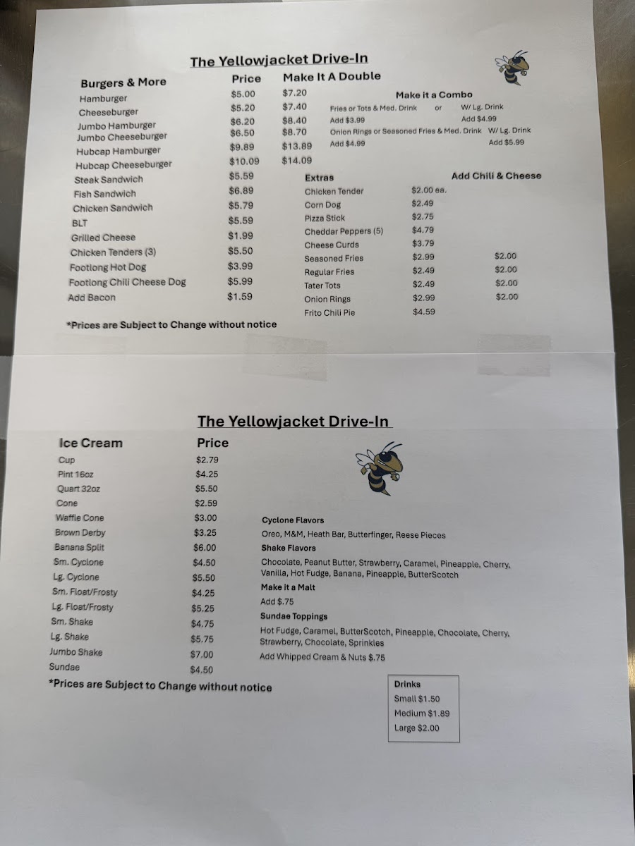 Menu Yellowjacket Drive-In-1